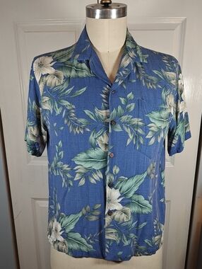 Vintage Two Palms Mens Blue Tropical Hawaiian Floral Camp Shirt Made In Hawaii L